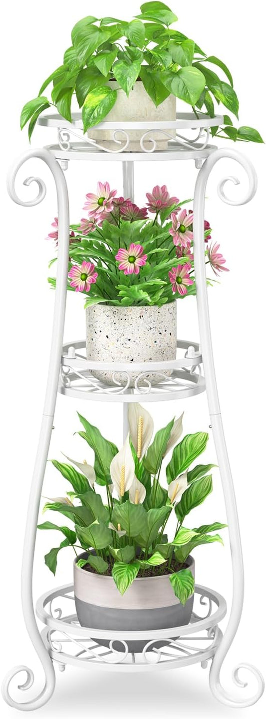 iDavosic.ly 3 Tier Metal Plant Stand Indoor Outdoor, Wrought Iron Corner Tall Flower Pot Holder Shelf, 34 Inch Vertical Heavy Duty Display Rack for Patio Porch Living Room Garden, White