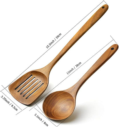 Wooden Spatulas Set of 2, Acacia Wood Rice Paddle with Slotted Design for Nonstick Cookware