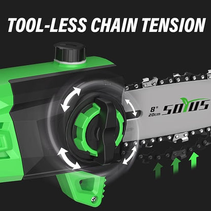 SOYUS Pole Saw 8-Inch Cordless, 15-Foot Max Reach Electric Pole Saw for Tree Trimming, 16ft/s Speed, Auto Oiling, Multi-Angle Pole Chainsaw with 2.0Ah Battery & Charger