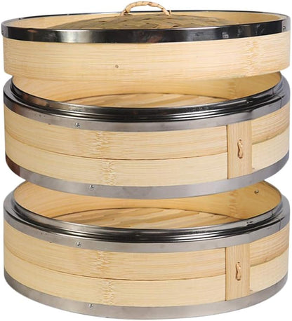 2-Tier Kitchen Bamboo Steamer with Stainless Steel Rings for Asian Cooking | Sauce Dish & 2-Chopsticks | Buns Dumplings Vegetables Fish Rice