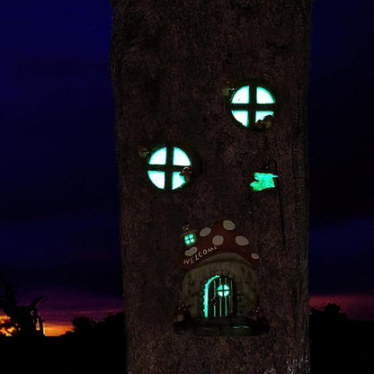 Fairy Door and Windows Garden Kit Accessories Outdoor, Glow in Dark Gnome House for Tree, Lawn Yard Art Sculpture, Miniature Garden Decor (Mushroom)