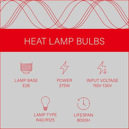 Incandescent R40 Reflector Infrared Lamp, Explosion Proof Clear Glass, with Teflon Coating, E26 Base, Heat Lamp Bulb 375W Special for Food Service Industry, 2 Pack (R40INCT)