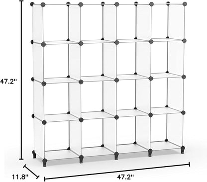 HOMIDEC Closet Organizers and Storage, 16 Cube Storage Organizer | Closet Organizer Bookshelf Cubes Shelves for Clothes, Bedroom, Kids Room, Bathroom, Wardrobe, Garment Racks, Transparent