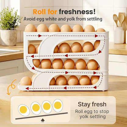 Auto Rolling Egg Holder for Fridge, 4-Tier Egg Dispenser Organizer Holds 28 Eggs, No Assembly Space-Saving Egg Storage Rack for Refrigerator & Countertop (Yellow)