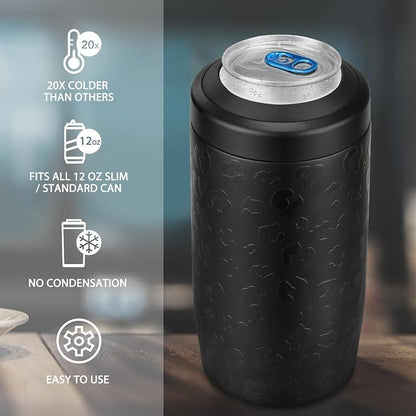 Itslife 4-in-1 Slim Can Cooler Easy to Hold Insulated Beer Can Holder Double-walled Stainless Steel for All 12 Oz Cans Gift Fathers Day Gifts for Dad (Black Leopard)