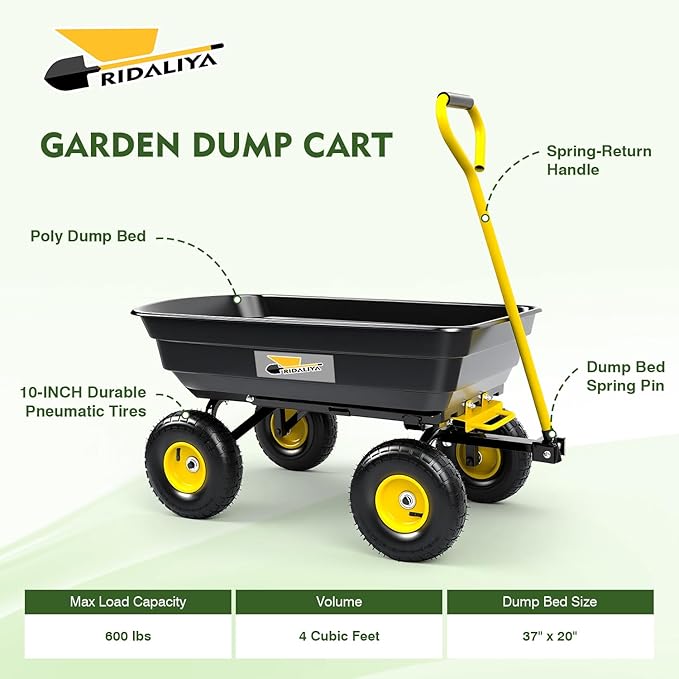 Garden Dump Cart, Heavy-Duty Utility Wagon with 600 lb Capacity, 4 Cu Ft Bed, 10" Pneumatic Tires, 180° Pivot Steering for Yard, Lawn, and Beach Use