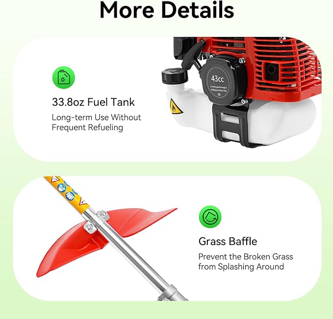 Gas Powered String Trimmer, 2 Stroke Air-Cooled Cordless Lawn Edger Gasoline Weed Eater with 2 Blade Heads for Garden Lawn Grass Hedge Trimmer (43CC, 1.25KW)
