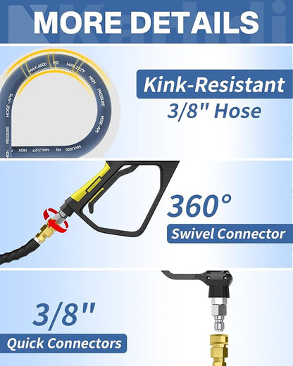 Pressure Washer Hose 100FT 3/8" for Cold and Hot Water 212°F, with Swivel Quick Connect, 4500PSI Kink Resistant Grade Steel Wire Braided, Power Washer Hose With 2pcs M22-14mm Adapter