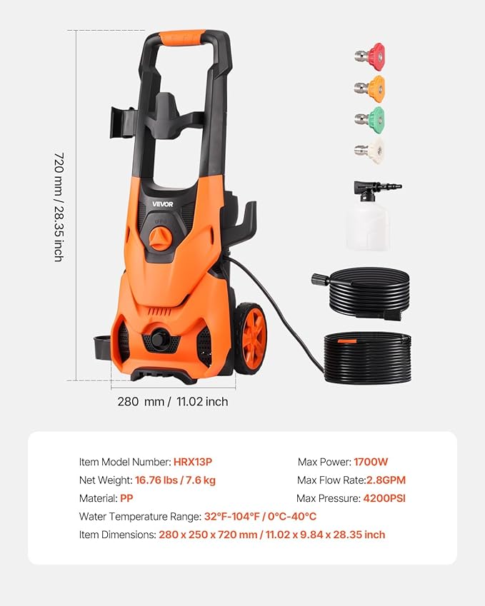 VEVOR Electric Pressure Washer, Max 4200 PSI and 2.8 GPM, High Power Pressure Cleaning Machine with 4 Quick Connect Nozzles and a Foam Cannon, Ideal for Cars/Fences/Driveways/Patios/Home Cleaning