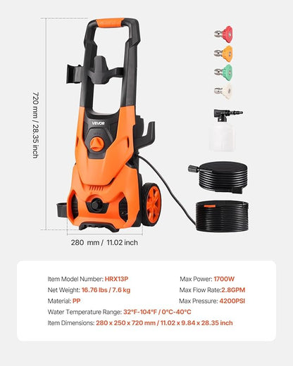 VEVOR Electric Pressure Washer, Max 4200 PSI and 2.8 GPM, High Power Pressure Cleaning Machine with 4 Quick Connect Nozzles and a Foam Cannon, Ideal for Cars/Fences/Driveways/Patios/Home Cleaning