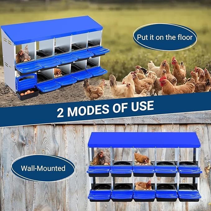 [10-Pack] Chicken Nesting Boxes for Hens - Galvanized Steel Wall Mount or Freestanding Chicken Nest, Removable Plastic Egg Tray & Ventilation Holes - Poultry Nesting Boxes for Egg Laying (Blue)