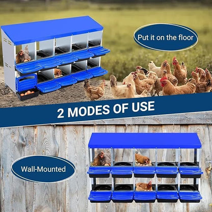 [10-Pack] Chicken Nesting Boxes for Hens - Galvanized Steel Wall Mount or Freestanding Chicken Nest, Removable Plastic Egg Tray & Ventilation Holes - Poultry Nesting Boxes for Egg Laying (Blue)