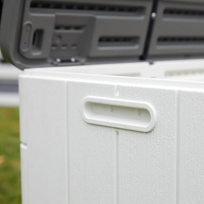 110 Gallon Deck Box Waterproof,Double-Wall Resin Outdoor Storage Boxes, Deck Storage for boat slip storage,Cushions, Pool Float, Garden Tools,Patio Furniture, Lockable (OFF-WHITE)