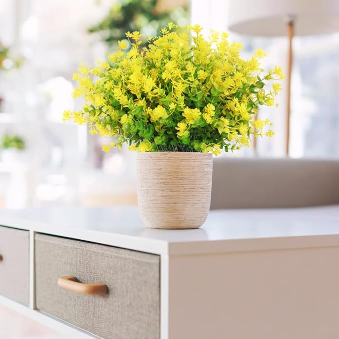 RECUTMS Spring Greenery 10 Bundles Artificial Fake Flowers, Artificial Boxwood Plants,Faux Outdoor Plastic Plants UV Resistant Shrubs Fake Outdoor Plants Outside Indoor Decorations(Yellow)