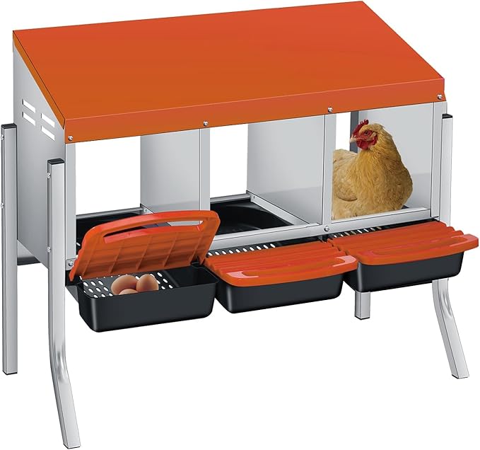 3-Compartment Metal Chicken Nesting Box with Stand – Heavy Duty Poultry Nest Box, Removable Tray & Waterproof Roof – Non-Slip Base, Easy Egg Collection & Wall Mountable – for Backyard, Farm Coop (Oran