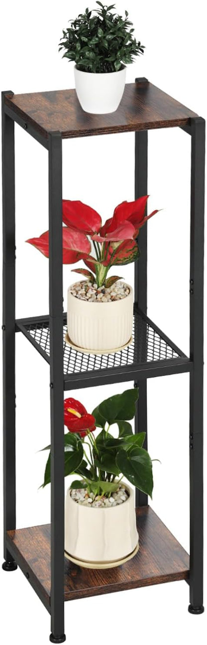 Extra Tall Plant Stand Indoor,40 Inch Plant Stands,3 Tier Metal Plant Stand with Heavy Duty Wood and Metal Mesh Shelf,Rustic Brown and Black