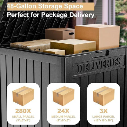 EasyUp Outdoor Package Delivery Box, 48-Gallon Lockable Parcel Drop Box, Large Double-Walled Resin Weatherproof Storage Deck Box for Porch and Patio (Black)