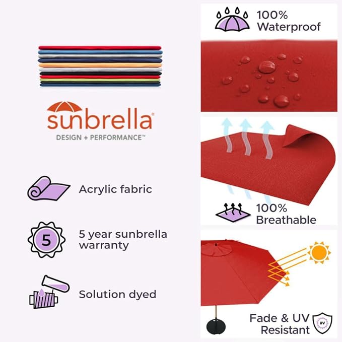 Midtown Umbrellas Push Pop Sunbrella Umbrella 8 Feet Outdoor Umbrella in Red Acrylic Fabric - Patio Umbrella, Backyard Umbrella, Garden Umbrella, Picnic Table Umbrella & Pool Umbrella - Black Pole