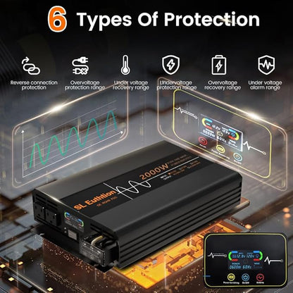 2000W Pure Sine Wave Power Inverter 12V DC to 120V AC 60HZ with LCD Display, USB Port, Wireless Remote Control（10M）, Solar, Outdoor
