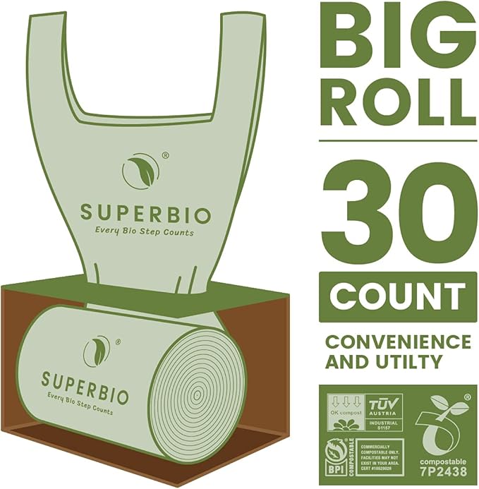 SUPERBIO 13 Gallon Handle Tie Compostable Food Waste Bags, 30 Count, 2 Pack, ASTM D6400, BPI and OK compost INDUSTRIAL, 49.2L, 0.87 Mil
