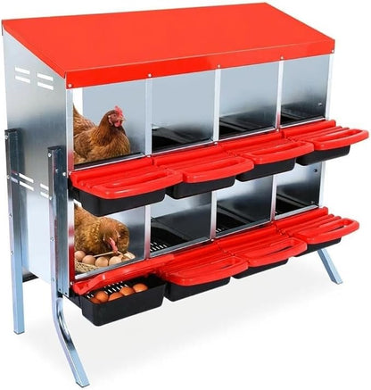 Chicken Nesting Box, 6-Hole Metal Wall Mount Chicken Laying Boxes with Legs and Lid Cover, Easy to Assemble, Roll-Away Egg Design Nesting Boxes for Outdoor Chicken Coop & Farm Yard, Red