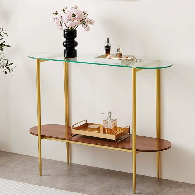Oval Glass Console Table for Living Room, Foyer & Entrance, 2-Tiers Mid-Century Modern Sofa Table with Clear Glass Top, Walnut Finish Wood Shelf and Gold Finish Frame