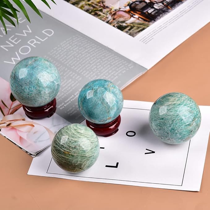 JIC Gem Natural Amazonite Crystal Ball with Wood Stand Gemstone Sphere, Polished Healing Energy Mineral Gemstone Balls for Reiki Chakra Decoration Fengshui (50-60mm)