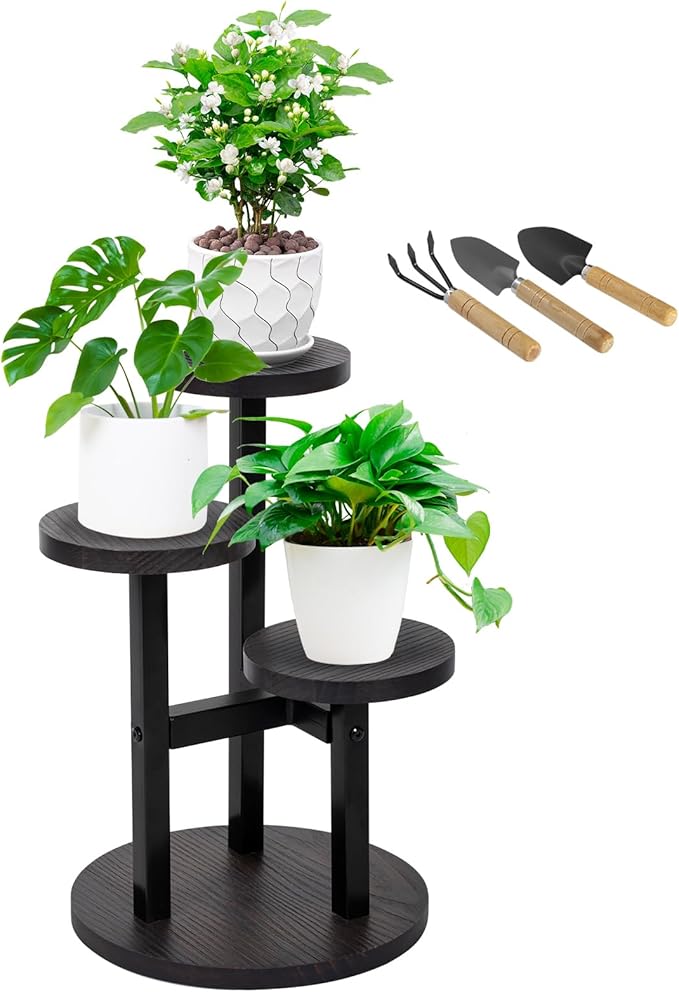 3 Tier Wood Plant Stand Indoor, Metal Iron Tiered Plant Stands Corner Plant Holder Flower Shelf Display Rack For Living Room Balcony Garden Patio (Black)