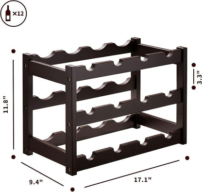 VASMIA Bamboo Wine Rack, Sturdy and Durable Wine Storage Cabinet Shelf, Wine Racks Countertop for Pantry,Kitchen,3-Tier 12 Bottles Wine Rack Brown