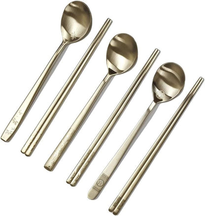 [5 Sets] [Made in Korea] Korean Sticky Rice Spoon Chopsticks Set Gold Titanium Plating 304 Stainless Steel Tableware Cutlery Set Mukbang Chopsticks (Korean Palace Pattern TITANIUM, 5 Sets)