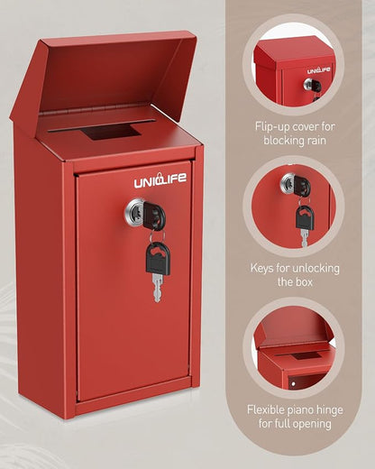 Uniclife Red Metal Donation Box, Wall Mounted Mailbox for Outside | Safe Suggestion Box with Key Lock, Steel Key Drop Box for Outside, Cash Box for Home Office and Business