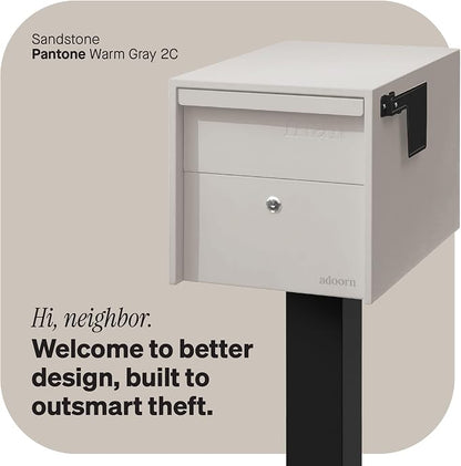 Adoorn Lockable Post Mount Mailboxes for Outside - Small Anti-Theft Locking Mailbox for Packages and Letters - Weatherproof Construction - Durable Steel - 12" H x 12" W x 18.5" D - Sandstone