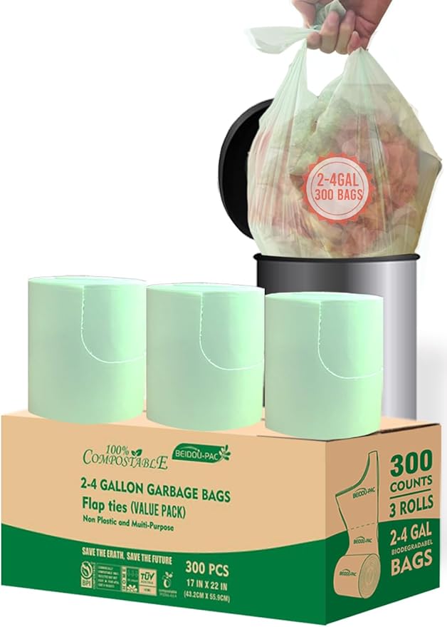 3 Gallon Flap Tie Compostable Trash Bags, 300 Count Small Compost Bags, Biodegradable Kitchen Garbage Bags, Food Scrap Waste Bags for Countertop Bin, ASTM D6400, US BPI Certified