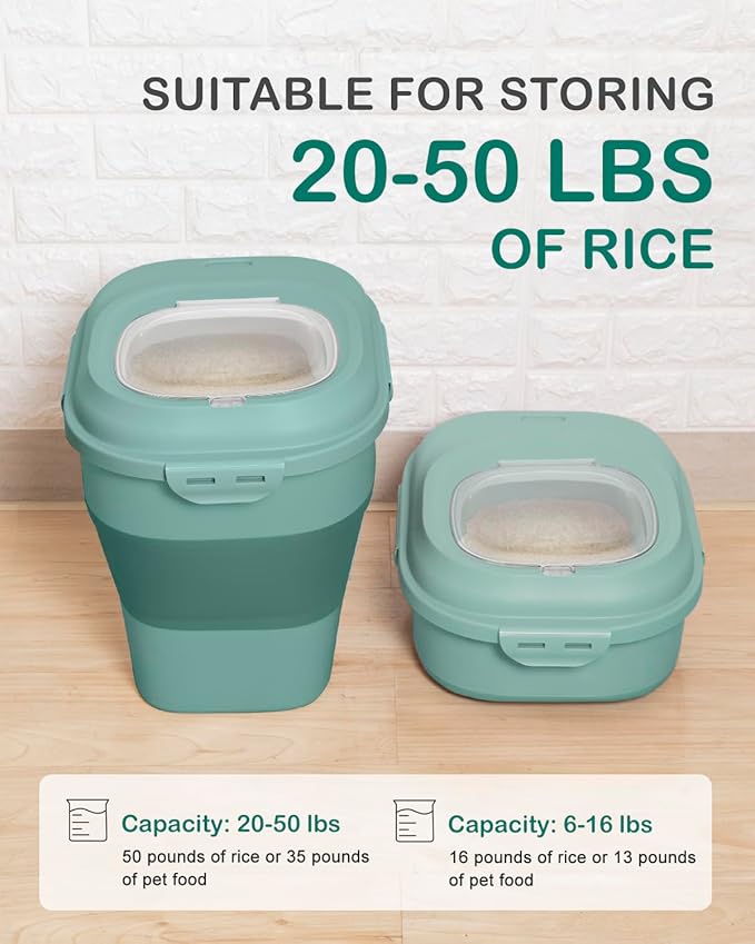 20-50 Lbs Food Storage Containers,Collapsible Rice Container with Wheel Airtight Locking Lid,Flour Storage Container with Small Food Jar and Scoop,Suitable for Food,Rice,Pet Food,Flour