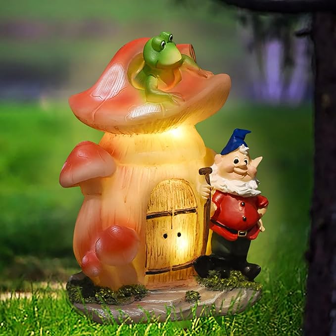 VINIUSIKI Garden Statues Mushroom House Gnome with Solar Light, LED Outdoor Fairy House Statue for Lawn,Balcony-Yard Art Patio Decor, Outdoor Easter Decorations Gifts for Mom Women