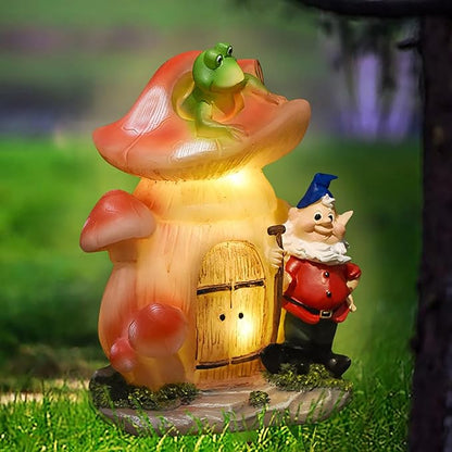 VINIUSIKI Garden Statues Mushroom House Gnome with Solar Light, LED Outdoor Fairy House Statue for Lawn,Balcony-Yard Art Patio Decor, Outdoor Easter Decorations Gifts for Mom Women