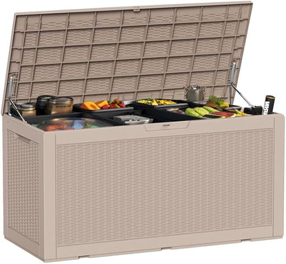 ROJIK Outdoor Storage Housing Deck Box - Waterproof Patio Furniture, Garden Tools, Cushions, Pool Accessories Storage Bench with Lockable Lid and Side Handles (Grey 100 Gal)