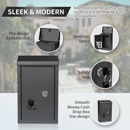 Ydocabinit Wall Mount Key Drop Box, with Key Lock & Flip & Top Slot, Steel Cash Drop Box, Storage Box for Mail, Packages, Donations, Voting, Suggestion for Outside Home Business 9.05"×5.51"×3.03"