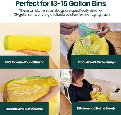13 Gallon Trash Bags with Drawstrings, 80 Bags Made from 50% Recycled Plastic, Leakproof and Tear-Resistant, Tall Kitchen Garbage Bags for Home and Office