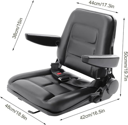 Lawn Mower Seat, Garden Tractor Seat, Tractor Suspension Seat, PVC Tractor Seats Universal Fold Down Forklift Seat with Adjustable Angle Back, Armrest and Safety Belt