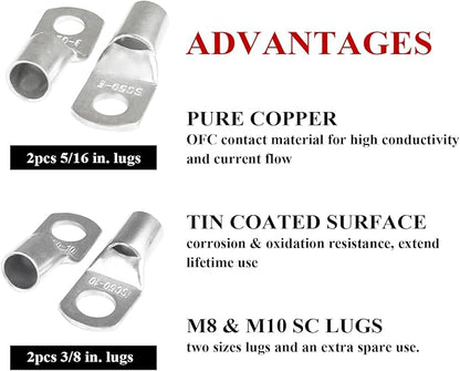 2 Gauge Battery Power Cable (Black, 12 Feet) - 2 AWG Automotive Welding Wire with M8 & M10 SC Lugs for Car, Camper, RV, Solar Low Voltage Wiring - Copper Clad Aluminum