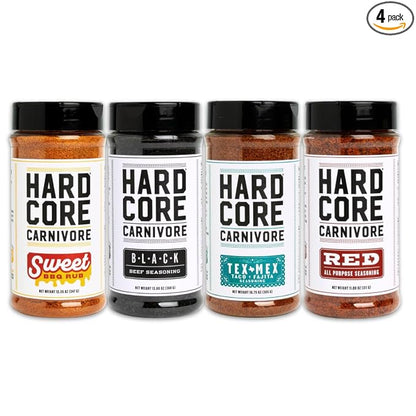 Hardcore Carnivore Core Pack, BBQ Rub Seasonings, Set of 4 | Includes Black, Red, Tex Mex and Sweet BBQ rubs. Four signature Texas flavors, gluten free with no MSG or artificial colors.