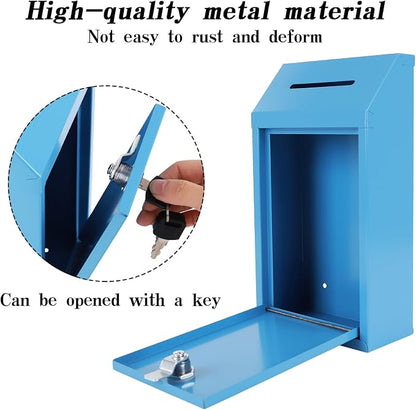 Metal Donation Box with Lock Ballot Box Drop Box with Lock Suggestion Box with Slot and Locks Metal Locks Box Comment Box Voting Box Key Drop Box for Home Office(Blue,10.24 x 5.71 x 2.95 Inch)