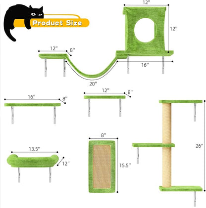 NUNU LAB Wall Mounted Cat Climber Set, 6 Pcs Cat Furniture Set with House, Bridge, Steps, Scratcher Board and Hammock, Shelves for Indoor, Luxury Walls Furniture, Light Green