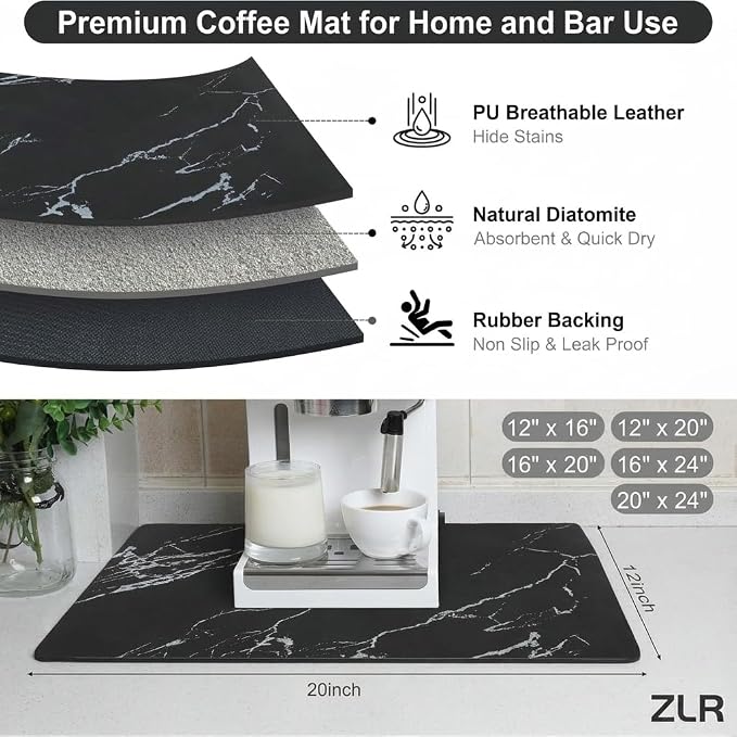 ZLR Coffee Bar Mat for Espresso Machine, 12"x20" Medium, Marble Black | Absorbent Dish Drying Mat, Stain-Hiding PU Top, Non-Slip Back, Fits Grinder, Knock Box, Tamper & Milk Frother