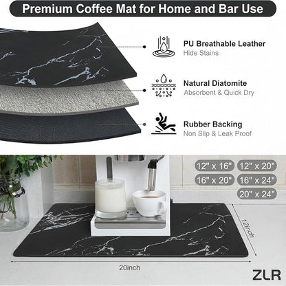 ZLR Coffee Bar Mat for Espresso Machine, 12"x20" Medium, Marble Black | Absorbent Dish Drying Mat, Stain-Hiding PU Top, Non-Slip Back, Fits Grinder, Knock Box, Tamper & Milk Frother