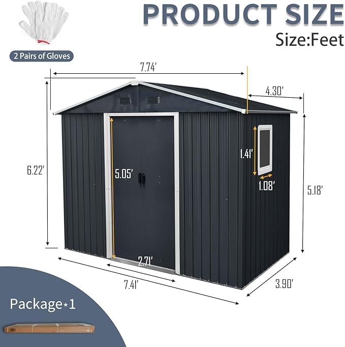 4x8 FT Outdoor Storage Shed, Metal Garden Shed with Frame Floor, Outside Tool Shed with Window, Waterproof Storage Building with Lockable Sliding Doors & Sloped Roof for Backyard, Patio, Black