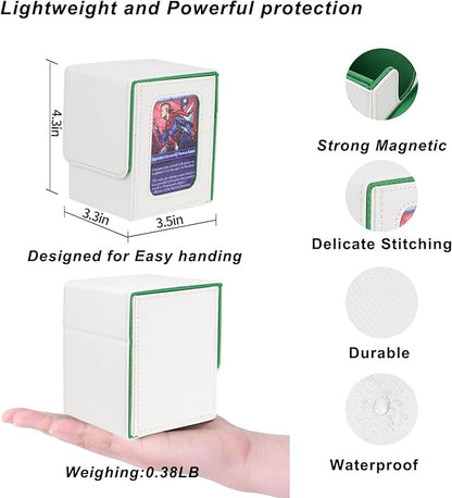 AFIING MTG Deck Box for Commander Display,Card Deck case Fits 100 Double Sleeved Cards, Magic Commander TCG Card Storage Box with 2 Dividers,Dice Bag and 1 Toploader(Whtie Green)