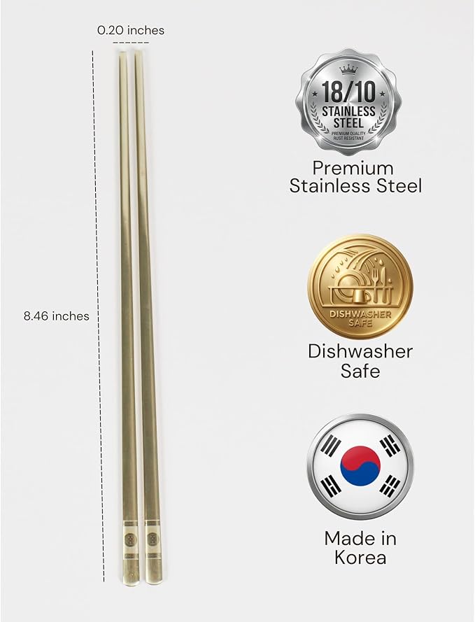 ONGI Korean Spoon and Chopstick 2 Set – Premium 18/10 Titanium Gold – Double Happiness Design – Gift-Ready – Made in Korea – Dishwasher Safe (Hee Pattern Gold 2 Set)