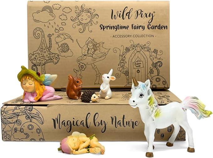 WILD PIXY Baby Miniature Fairy Garden Set – Springtime Fairy Accessories Kit with Gorgeous Fairies and Animals, Indoor/Outdoor Figurines in Designer Gift Box, Perfect for Garden Decor